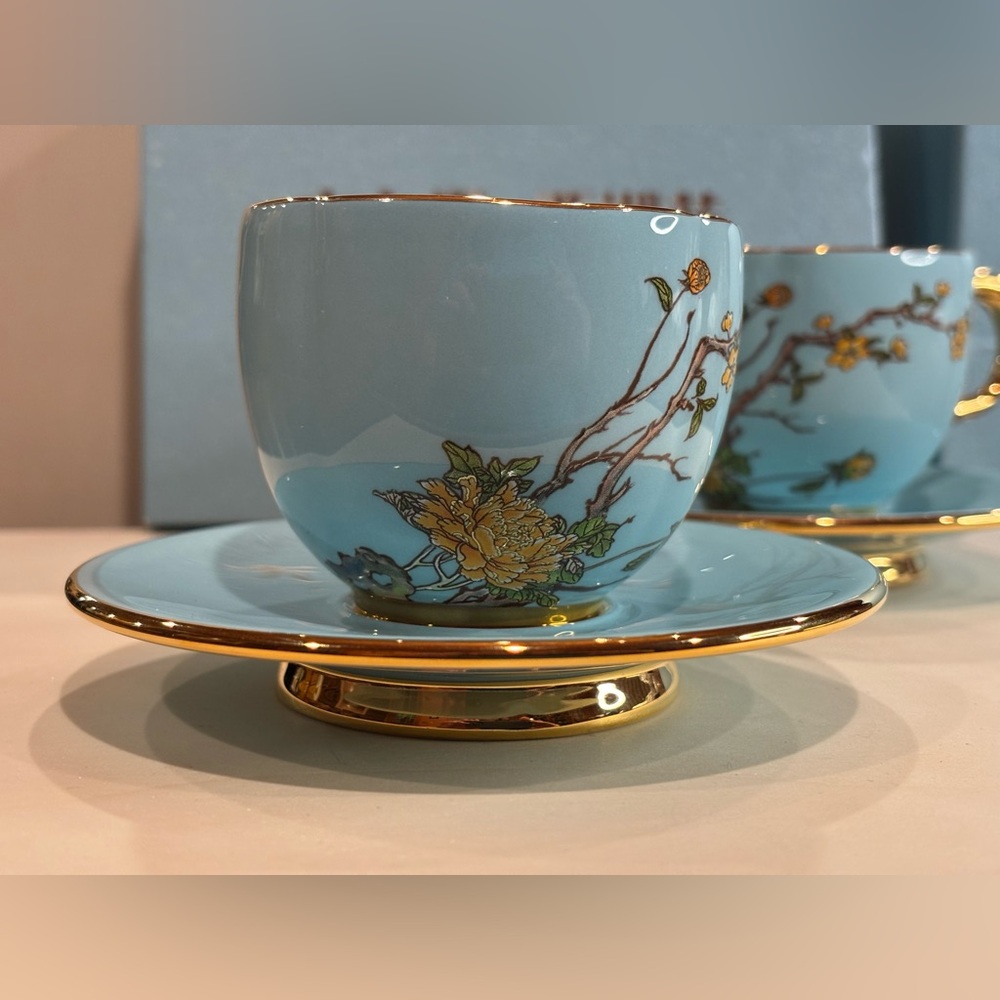 Auratic set of two Lady Turquioa Fine Bone China coffee cups and saucers. EUC